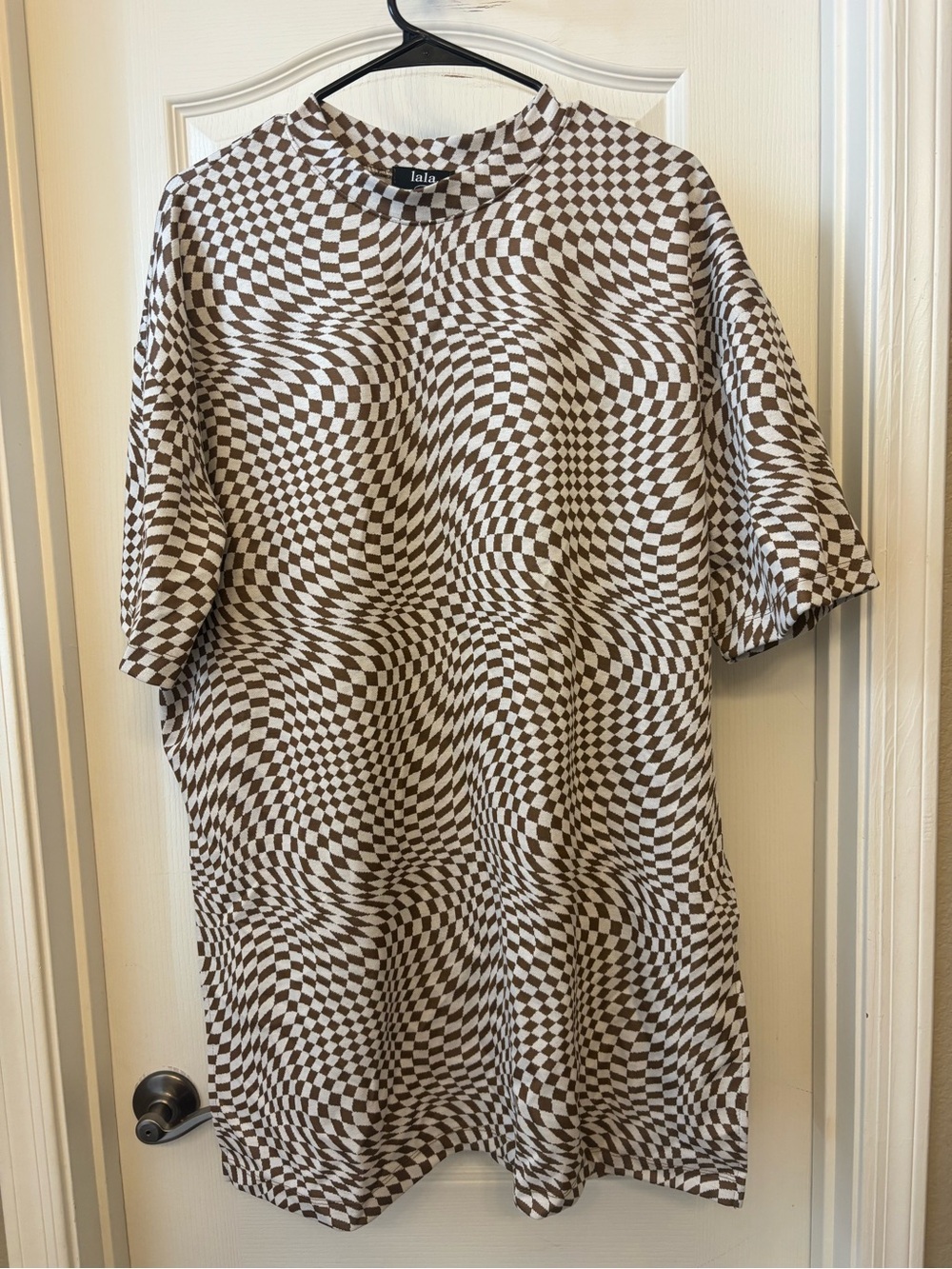 Dressed in Lala Brown & White Checkerboard Optical Illusion Oversized Shirt L